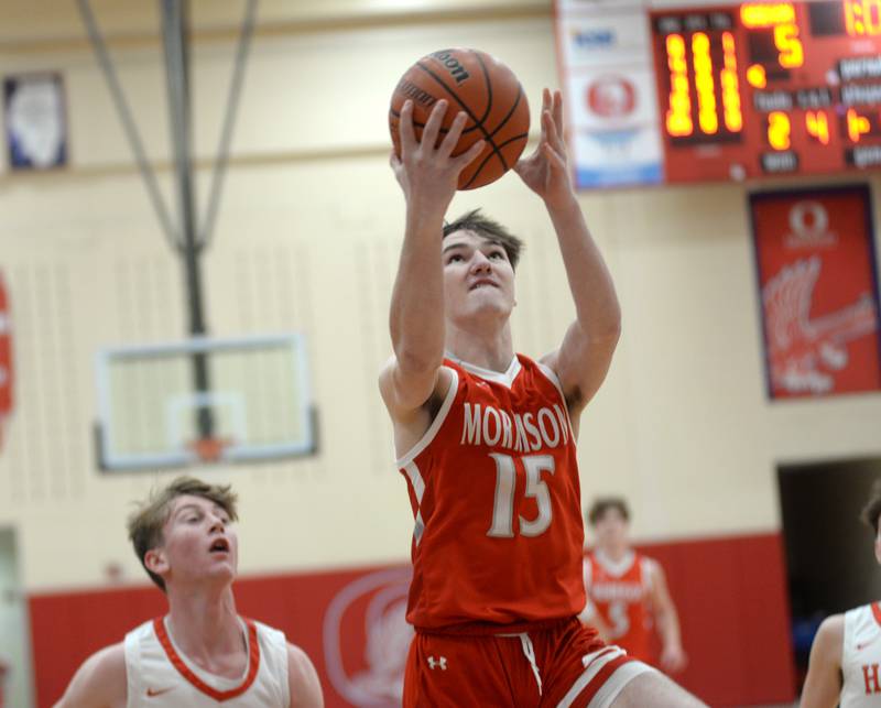 Morrison's Asher Ernst (15) shoots against Oregon during 2A regional action on Monday, Feb. 19, 2024 at the Blackhawk Center in Oregon. The Mustangs downed the Hawks 59-52 to advance to the Prophetstown Regional on Wednesday, Feb. 21.