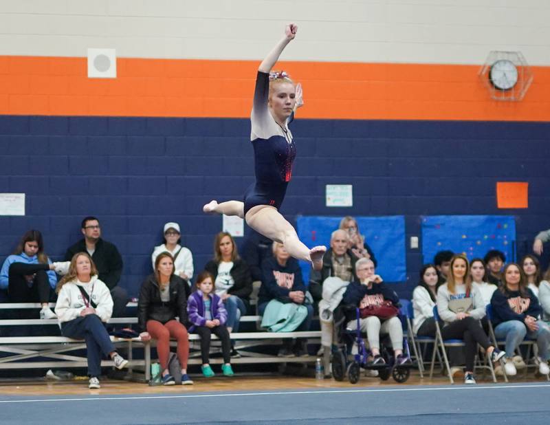 Oswego Co-op's Samantha Phillip competes in the floor exercise during a Oswego Regional Gymnastics Meet at Oswego High School on Monday, Jan 29, 2024.