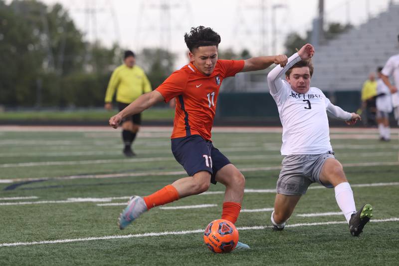 Romeoville’s Julian Arreguin scores his second goal of the match against Joliet West on Wednesday, Oct. 11, 2023 in Romeoville.