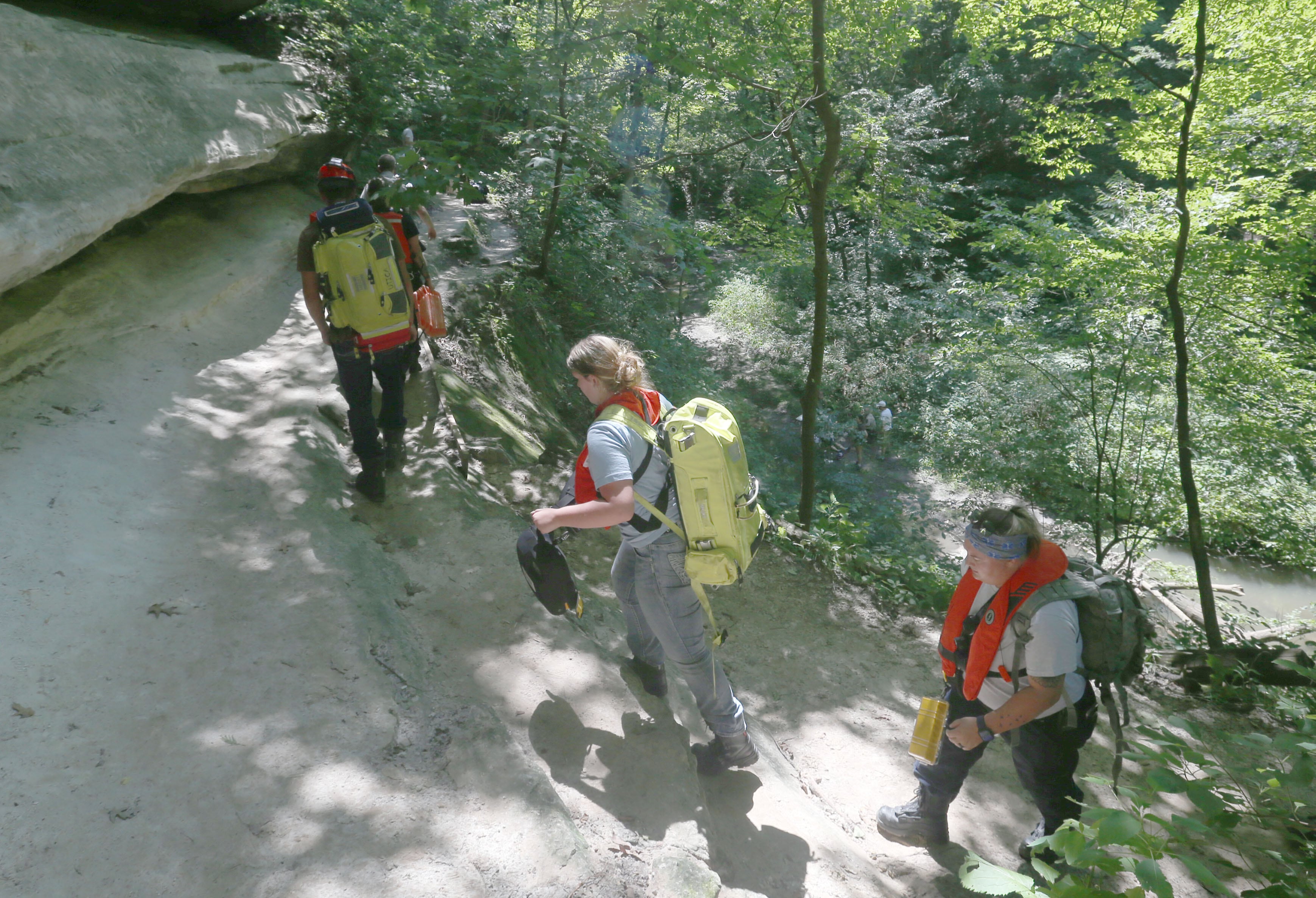 Utica Firefighters and EMS prepare for a rope rescue for a male subject who fell at La Salle Canyon on Wednesday, July 17, 2024 at Starved Rock State Park.