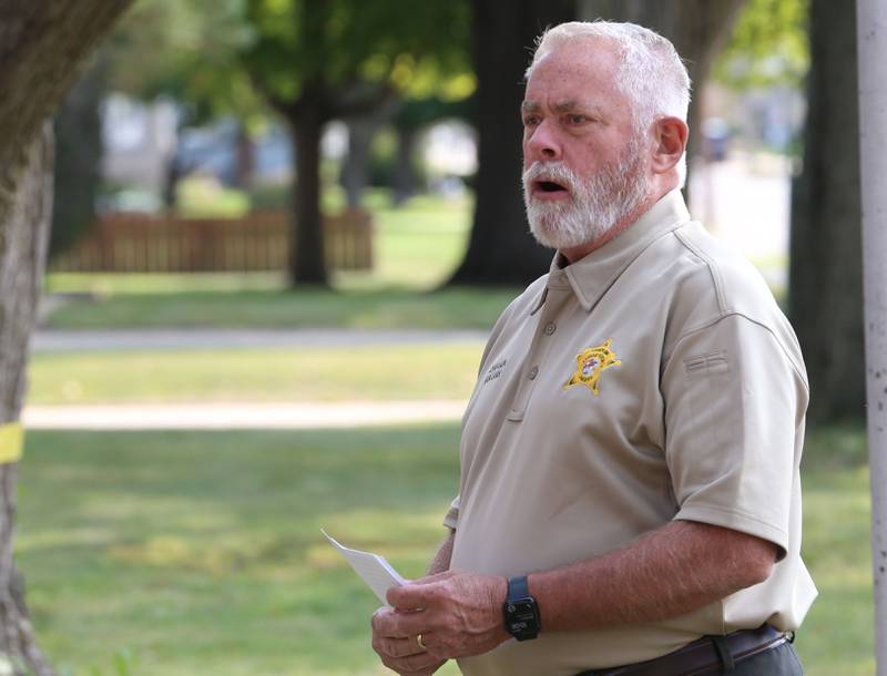 Dave Vanlaar chaplain at the La Salle County Sheriff's Department talks to students during a 9/11 Memorial Service on Wednesday, Sept. 11, 2024 at Circuit Breaker School in Peru. Firefighters police officers and paramedics from La Salle, Peru, and Hennepin participated in the memorial service.