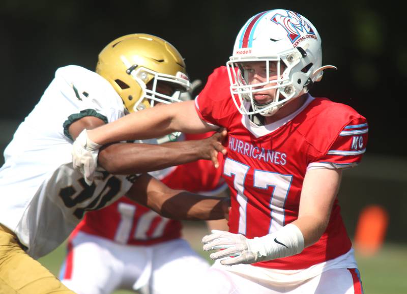 Marian Central’s Eddie Gilmore blocks against Bishop McNamara in varsity football action on Saturday, Sept. 14, 2024, at George Harding Field on the campus of Marian Central High School in Woodstock.