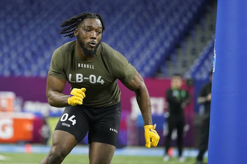 LSU linebacker Micah Baskerville runs a drill at the NFL combine, Thursday, March 2, 2023, in Indianapolis.