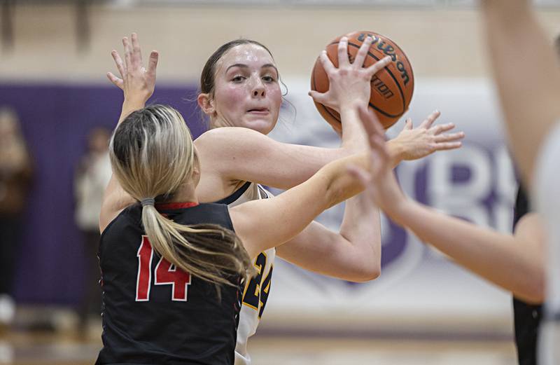 Sterling’s Madison Austin looks to pass while being defended by Stillman Valley’s Amelia Dunseth Thursday, Dec. 28, 2023 at the Dixon KSB Holiday tournament.