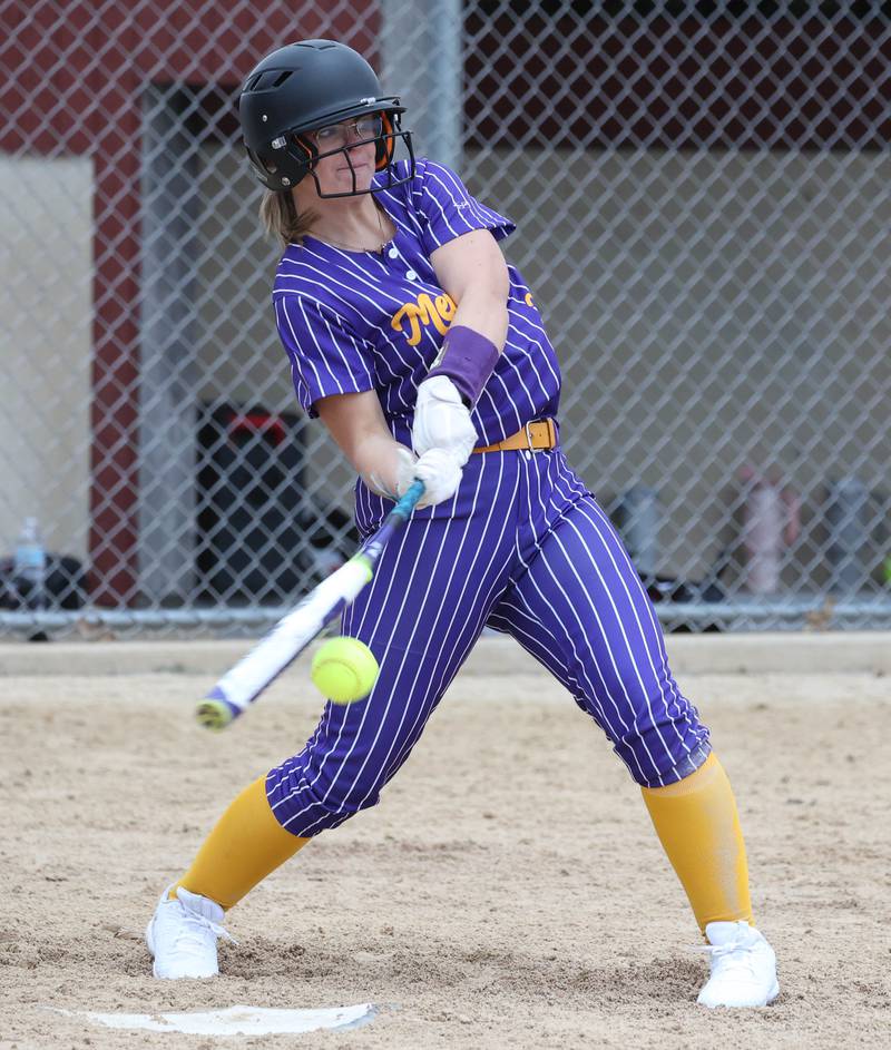 Mendota's Peri Manning makes contact during their game against Indian Creek Thursday, March 14, 2024, at Indian Creek High School in Shabbona.