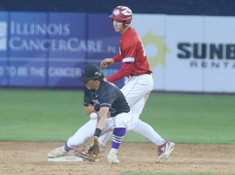 Wilmington's Kyle Farrell bobbles the ball at second base as St. Anthony's Brady Hatton stands safely on the bag during the Class 2A semifinal game on Friday, May 31, 2024 at Dozer Park in Peoria.