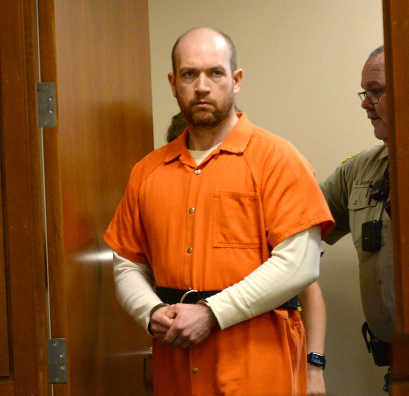 Matthew Plote, 36, of Malta, enters an Ogle County courtroom on Thursday, June 27, 2024. He was sentenced to natural life in prison for killing Melissa Lamesch, 27, of Mt. Morris in November 2020.