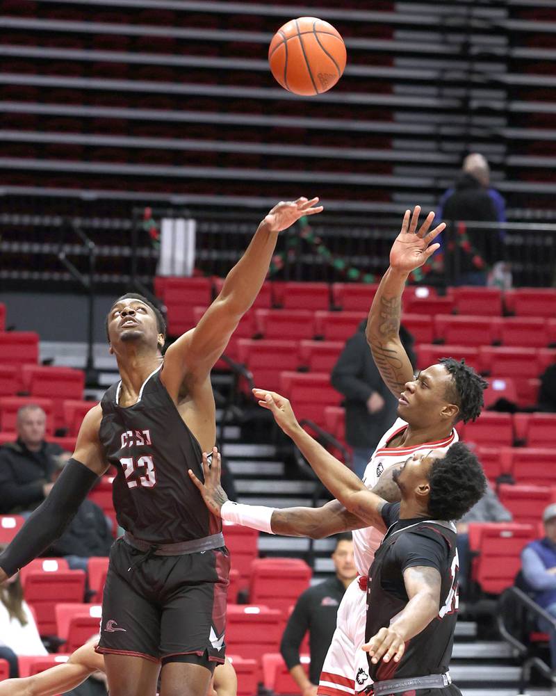 Northern Illinois' Zarique Nutter shoots over Calumet’s Raina Henrique during their game Monday, Dec. 18, 2023, at the Convocation Center at NIU in DeKalb.