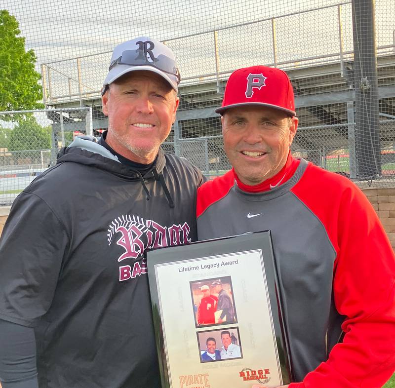 Prairie Ridge baseball coach Glen Pecoraro and retiring Palatine coach Paul Belo.