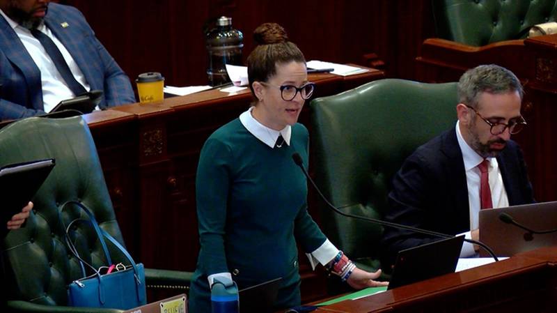 Rep. Mary Beth Canty, D-Arlington Heights, pictured Thursday during House floor debate of Senate Bill 1, which would create a new state agency dubbed the Department of Early Childhood