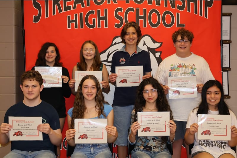 Streator High School students of the month for May 2024 are (front, from left) Clifton Bush, Elsa Sorensen, Indyana Hernandez and Danielle Sterner, (back, from left) Jodiann Denizad,, Isabella Robart, Ryan Beck and Palmer Phillis. Not pictures are Collin Jeffries and Alexis Clay.