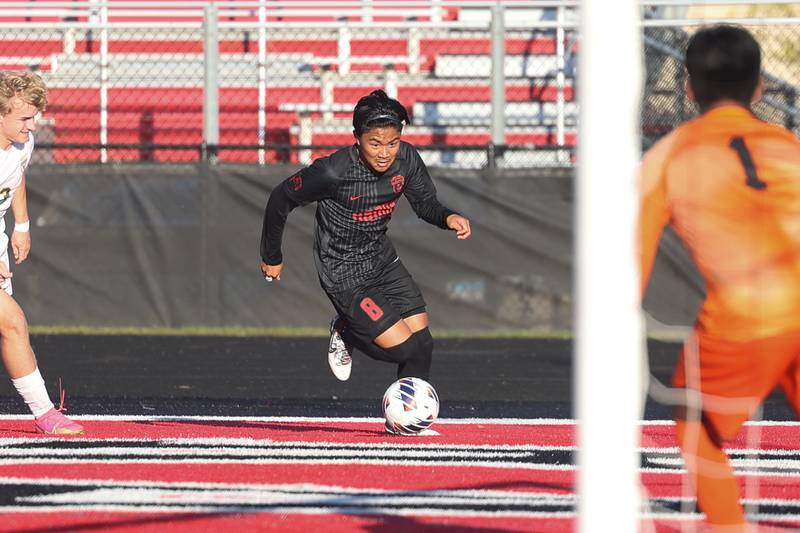 Bolingbrook’s Aiden Montes makes a move toward the goal against Waubonsie Valley in the Class 3A Bolingbrook Regional semifinal on Tuesday, Oct. 17, 2023 in Bolingbrook.