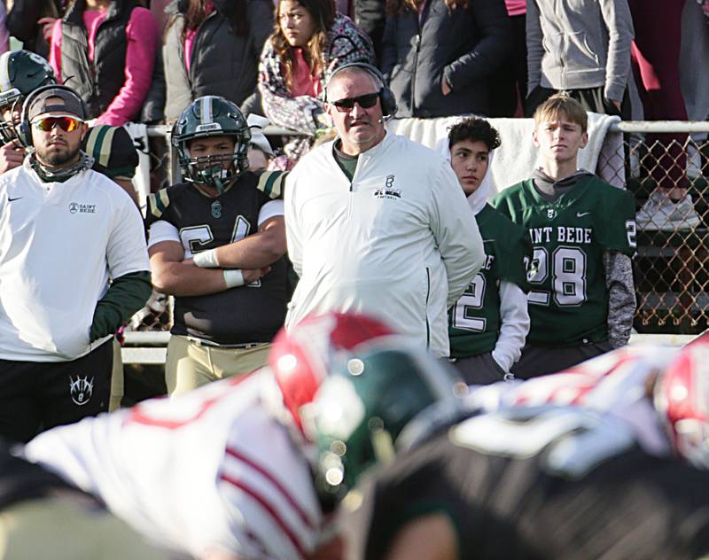 St. Bede head coach Jim Eustice calls plays on the sidelines against Hall on Saturday, Oct. 15, 2022 at the Academy in Peru.