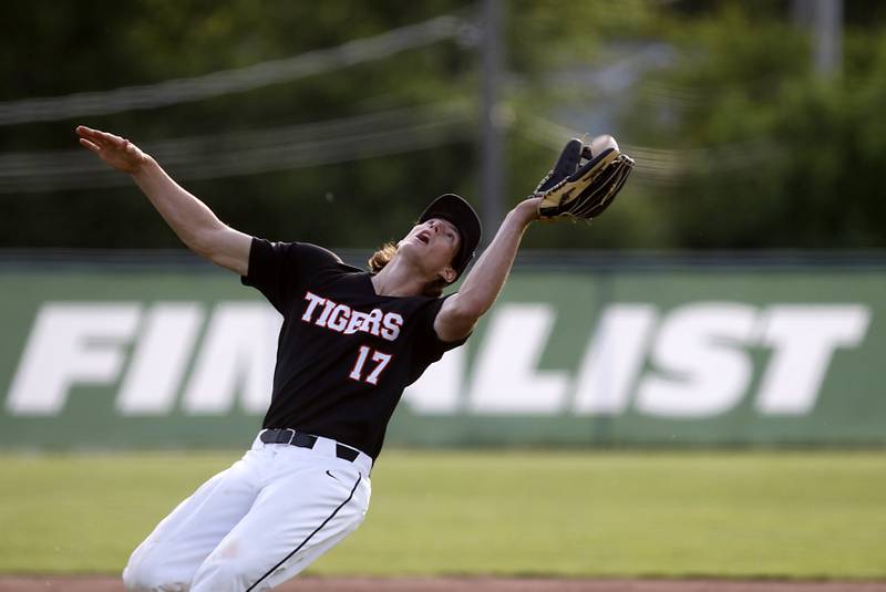 Crystal Lake Central's Connor Gibour catches the final out in during a Class 3A Grayslake Central sectional championship baseball game against Deerfield on Friday, May 31, 2024, at the Grayslake Central High School.