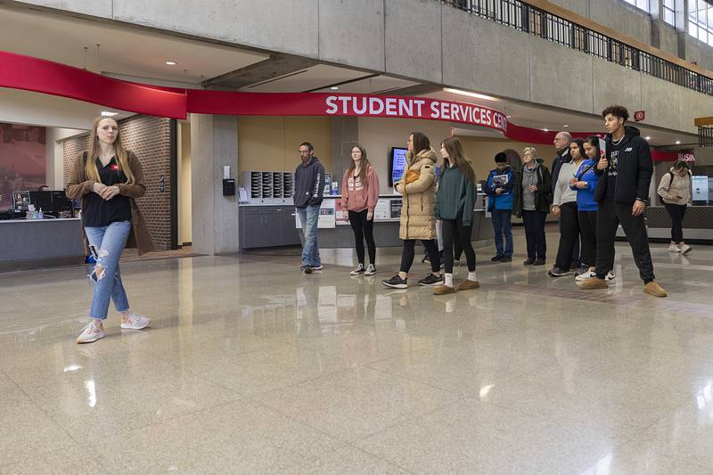 SVCC student ambassador Morgan Leslie leads a group of potential Sauk Valley Community College students and their parents on a tour Monday, Feb. 19, 2024.