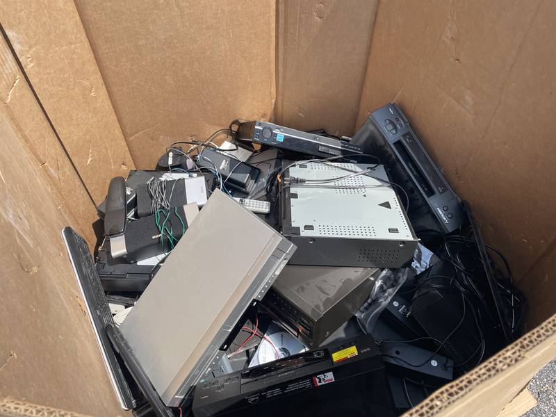 A box holds electronic devices that were dropped off at State Rep. Stephanie Kifowit’s, D-Oswego, 12th annual Community Recycle & Shred Day in Aurora on July 13, 2024.