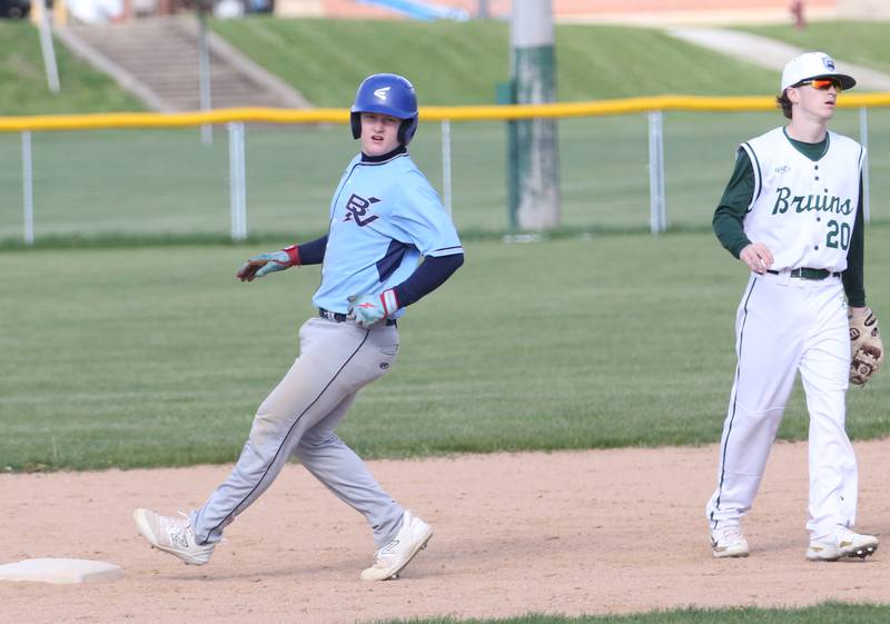 Bureau Valley's Elijah Endress steals second base while St. Bede's Gus Burr on Monday, May 1, 2023 at St. Bede Academy.