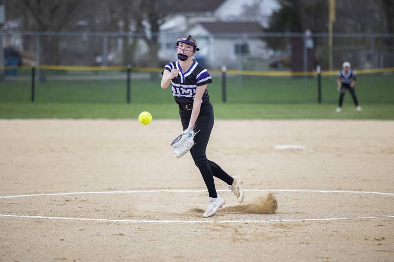 Dixon’s Allie Abell fires a pitch against Newman Thursday, April 11, 2024 at Reynolds Field in Dixon.