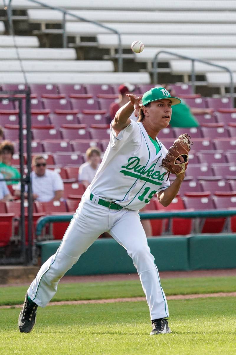 York's Chris Danko (19) fields a grounder and throws to first for an out against McHenry during a class 4A Kane County supersectional baseball game at Northwestern Medicine Field in Geneva on Monday, June 3, 2024.