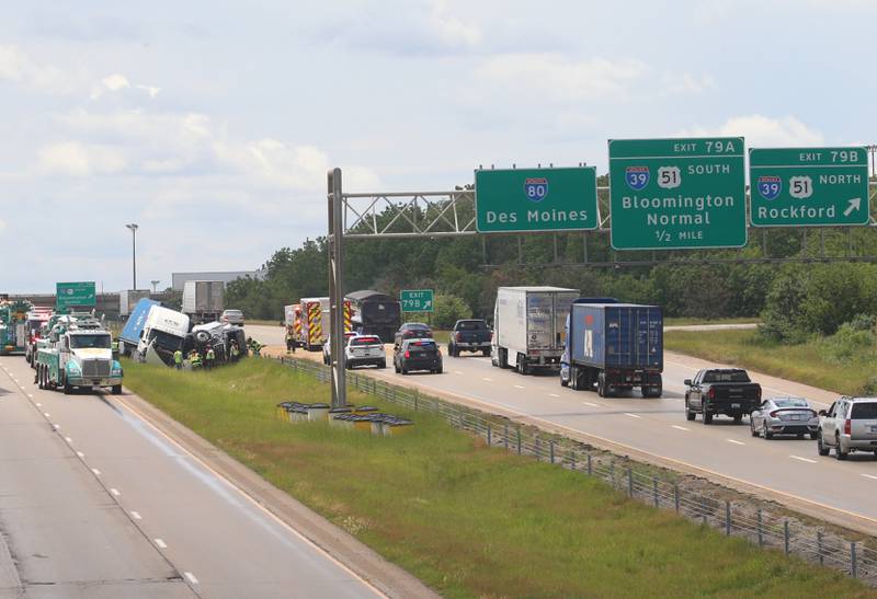 Crews work the scene of a multiple semi truck crash in the eastbound lane of Interstate 80 near the Interstate 39 interchange on Tuesday, May 28, 2024 near Utica. La Salle and Utica Fire and EMS along with Illinois State Police responded to the accident around 12:20p.m. on Interstate 80. Multiple patients were transported to area hospitals.