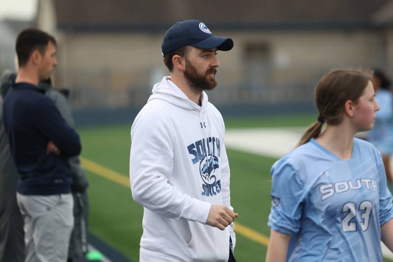 Plainfield South head coach Thomas Blake watches the match against Joliet West on Thursday, April 18, 2024.