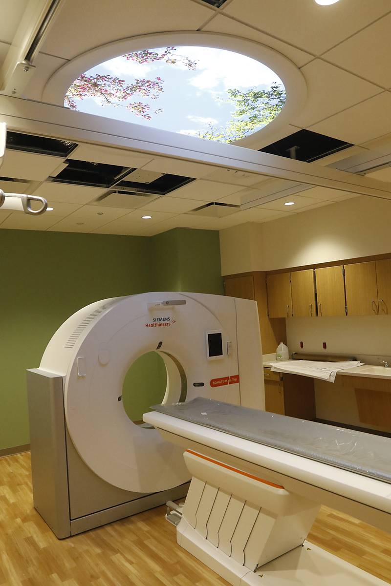 A computed tomography scanner on Friday, April 21, 2023, as construction continues on the new Mercyhealth hospital in Crystal Lake. The hospital is ramping up hiring as it gets set to open in this summer.