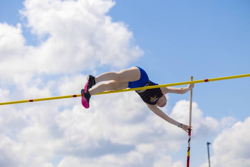 Newark’s Tess Carlson clears the bar in the 1A Pole Vault Saturday, May 18, 2024 at the IHSA girls state track meet in Charleston.