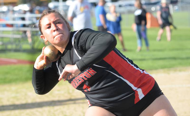 Forreston-Polo's Sydni Badertscher prepares to throw the shot put at the 1A Oregon Sectional on Friday. May 10, 2024. Badertscher finished second with a throw of 11.26 meters, 36' 11.5" to qualify for next week's state meet at Eastern Illinois University in Charleston.