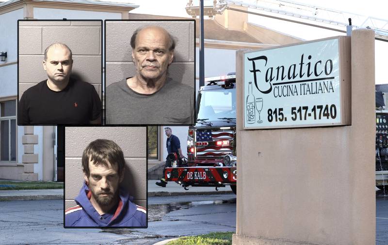 Rasim Spaijoski (left), 38, of the 1400 block of Farmstead Lane in DeKalb, is charged with arson and arson solicitation in a Sept. 1, 2023 fire at the restaurant. Spaijoski’s family owns the former Italian restaurant at 1215 Blackhawk Road which closed in 2021, according to DeKalb County court records. Richard L. Chase (middle) also is charged with arson, along with Joshua M. Patton (right), 38, of DeKalb, both of whom allegedly were paid by Spaijoski to start the fire. (Inset photos provided by DeKalb County Jail)