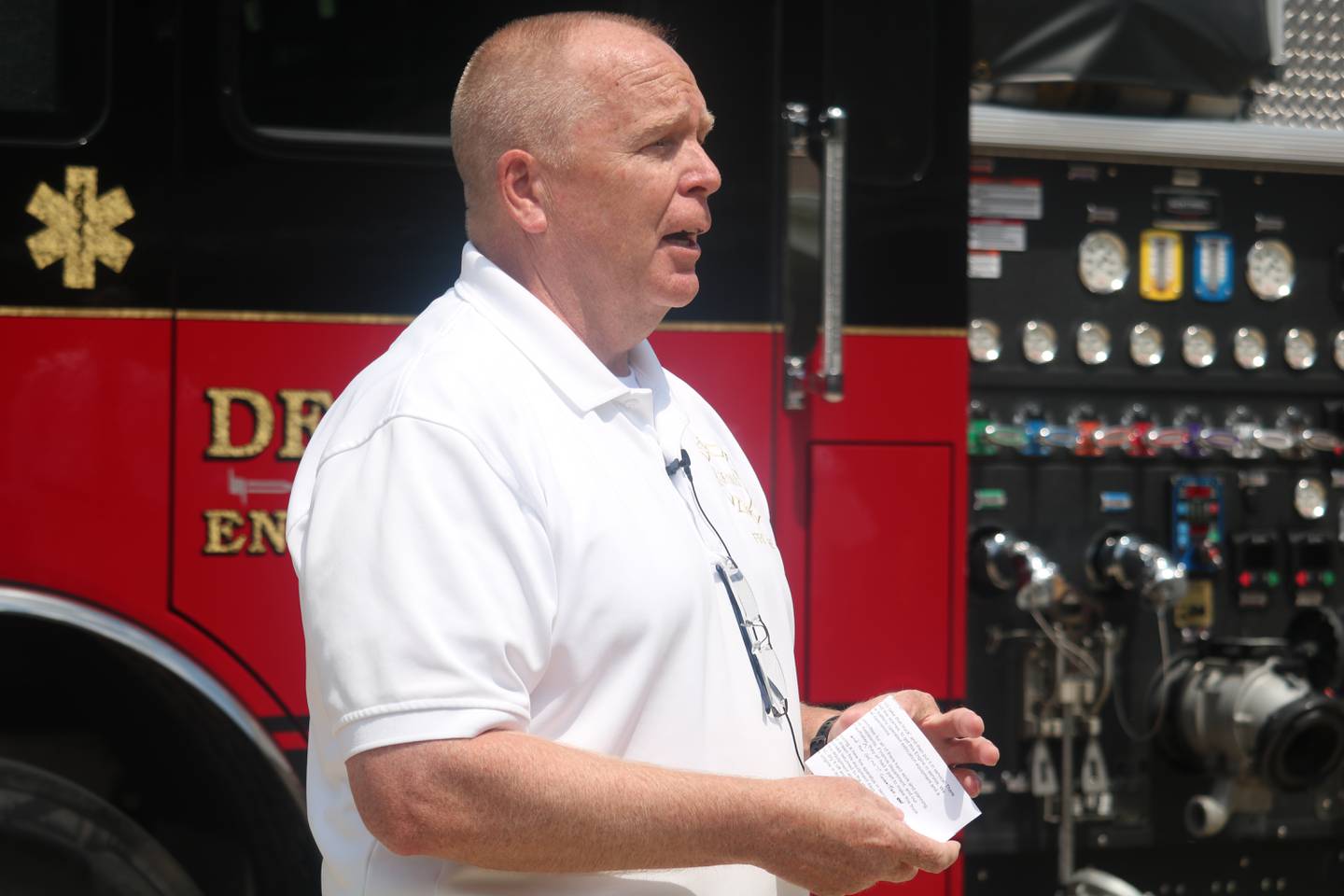 DeKalb Fire Chief Mike Thomas gives remarks Friday, Aug. 4, 2023 during a dedication ceremony for fire engine No. 2 held at fire station No. 2.