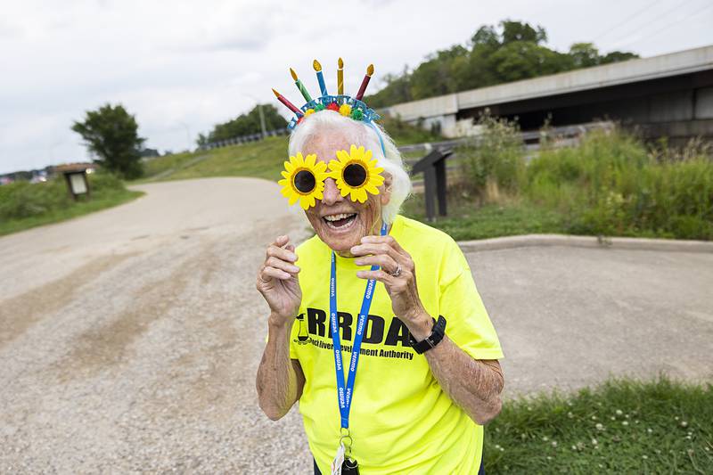 Nancy Gates of Sterling gears up for her birthday celebration Wednesday, July 24, 2024, in Rock Falls. The Yak-Yak Sisters kayaking group is celebrating Nancy as she turns 90 on Aug. 1.