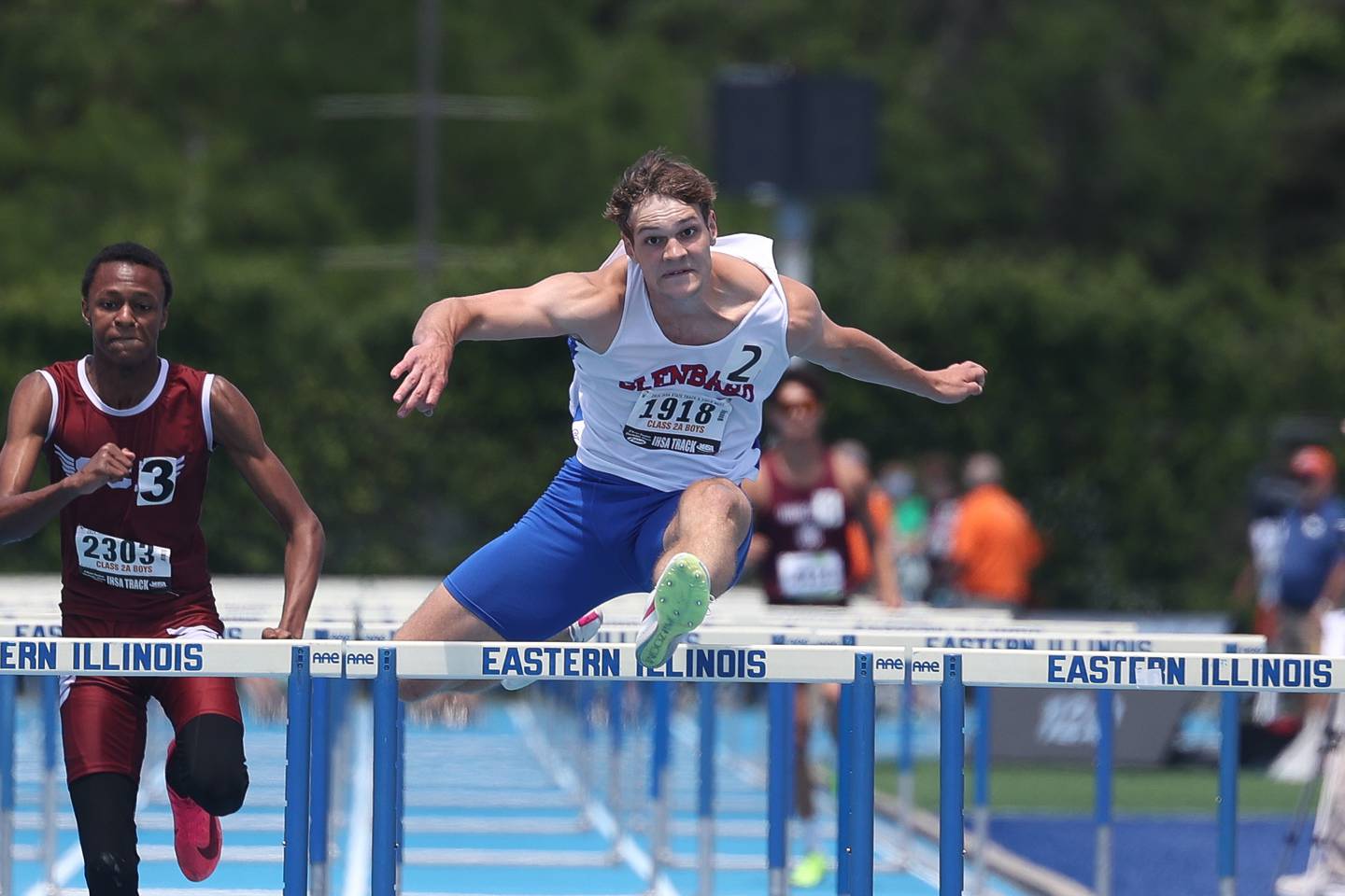 Glenbard South’s Harper Bryan hurdles to a 2nd place finish in the Class 2A 110m Hurdles State Championship on Saturday, May 25, 2024 in Charleston.